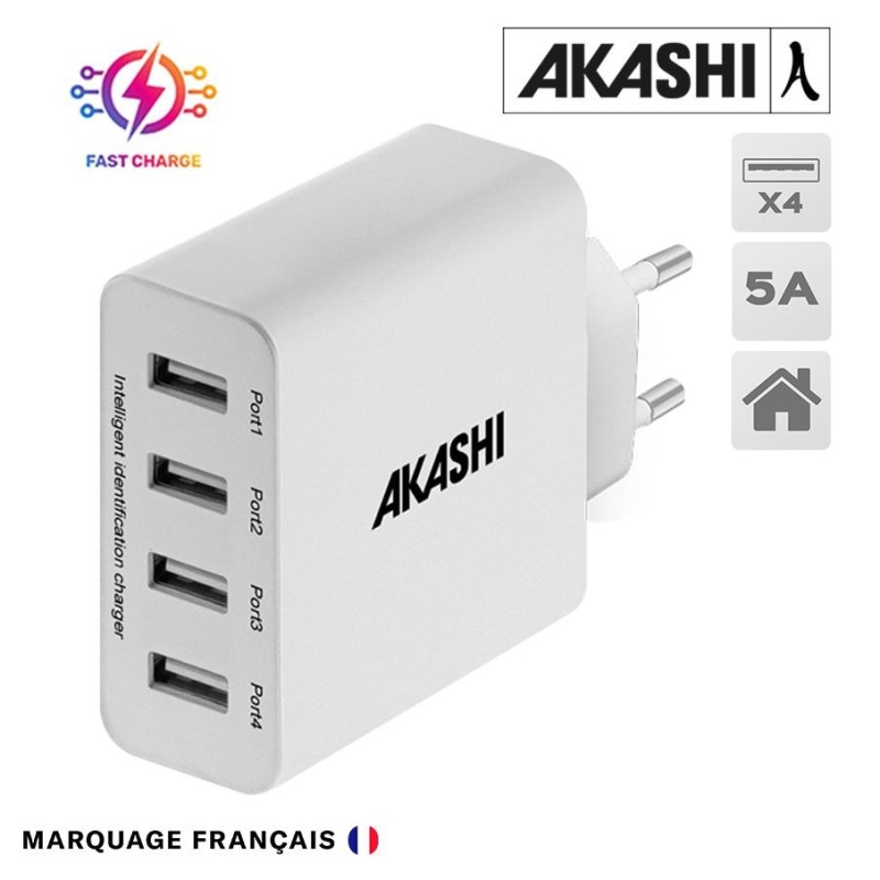 SHI - Chargeur Secteur Prise Murale  à Charge Rapide  avec 4 Ports USB