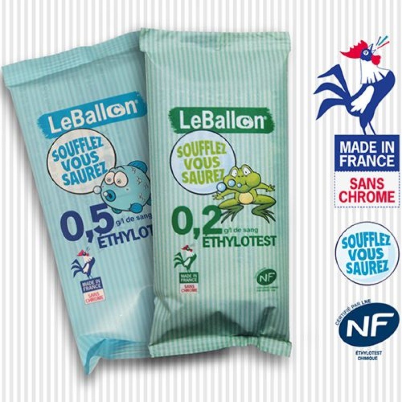 Ethylotest usage unique 0,5g/l NF, sans chrome. Produit dans le département de l'Hérault.