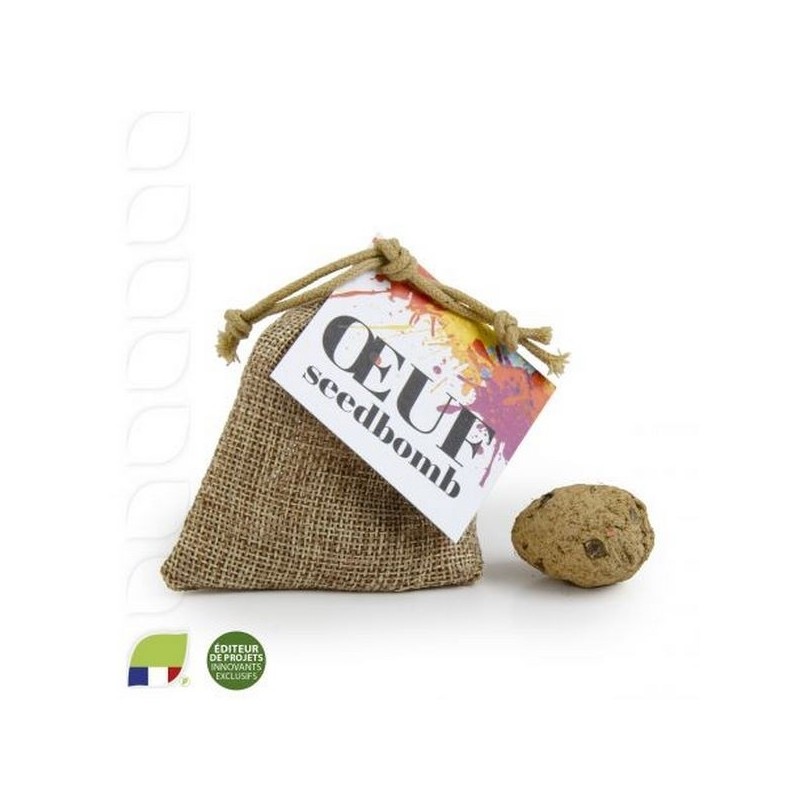 Oeuf seed bomb en pochon toile de jute 75x100 mm