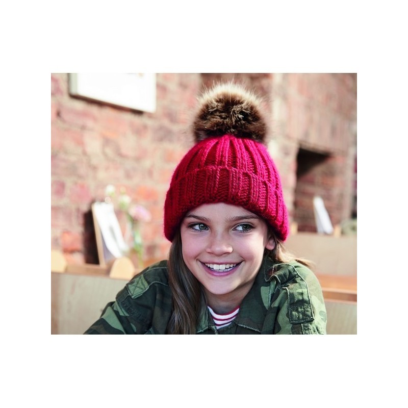 Junior Faux Fur Pom Pom Chunky Beanie - Bonnet enfant avec pompon
