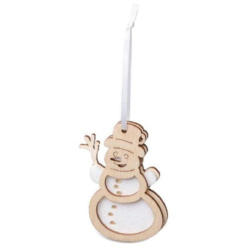 Pendentif en feutrine et en bois - Bonhomme de neige dans un sac promotionnel