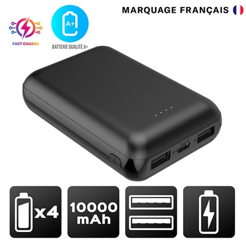 GOMU - Batterie Powerbank 10,000 mAh 2 Ports USB + 1 USB-C, Ultra-Compacte, Finition "Soft Touch"