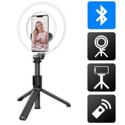 YUBIWA - Perche Selfie Bluetooth 3-en-1 avec Anneau Lumineux et Trépied
