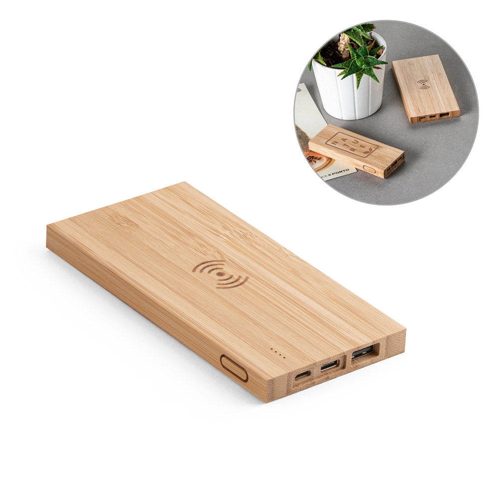 Power bank 5 000 mAh avec chargeur sans fil 5W en bambou