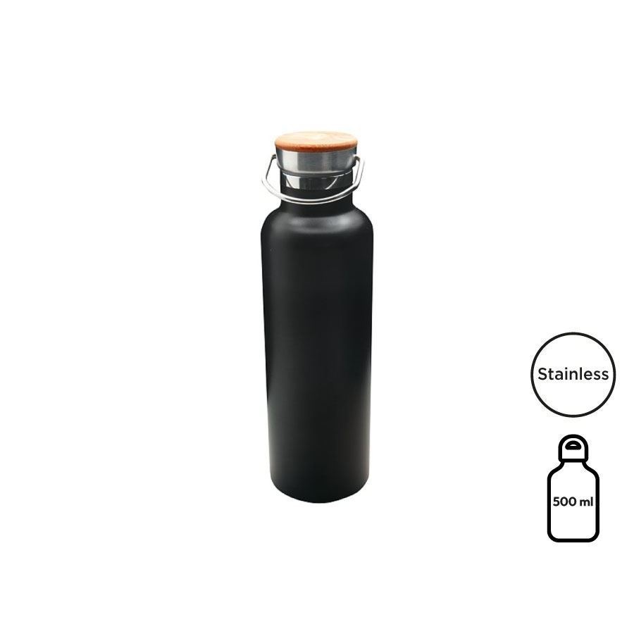 Bouteille isotherme noire, bouchon bambou, 500 ml Baladéo